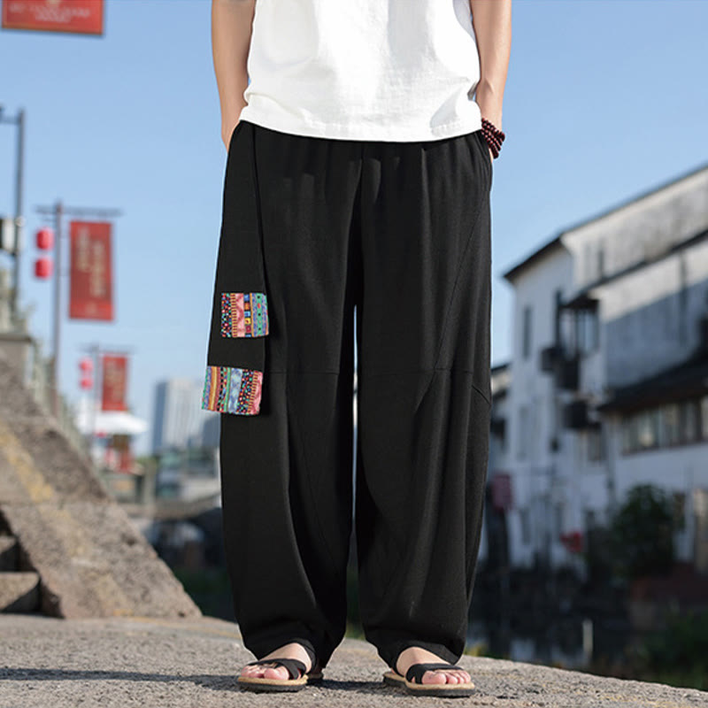 Simple Patchwork Design Drawstring Cotton Men's Wide Leg Pants With Pockets