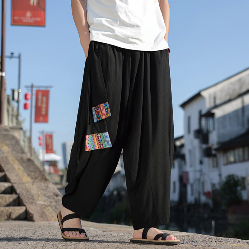 Simple Patchwork Design Drawstring Cotton Men's Wide Leg Pants With Pockets