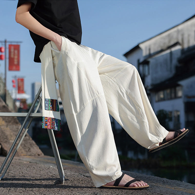 Simple Patchwork Design Drawstring Cotton Men's Wide Leg Pants With Pockets