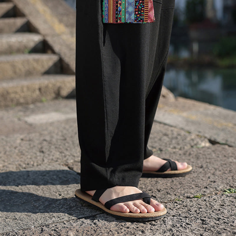 Simple Patchwork Design Drawstring Cotton Men's Wide Leg Pants With Pockets