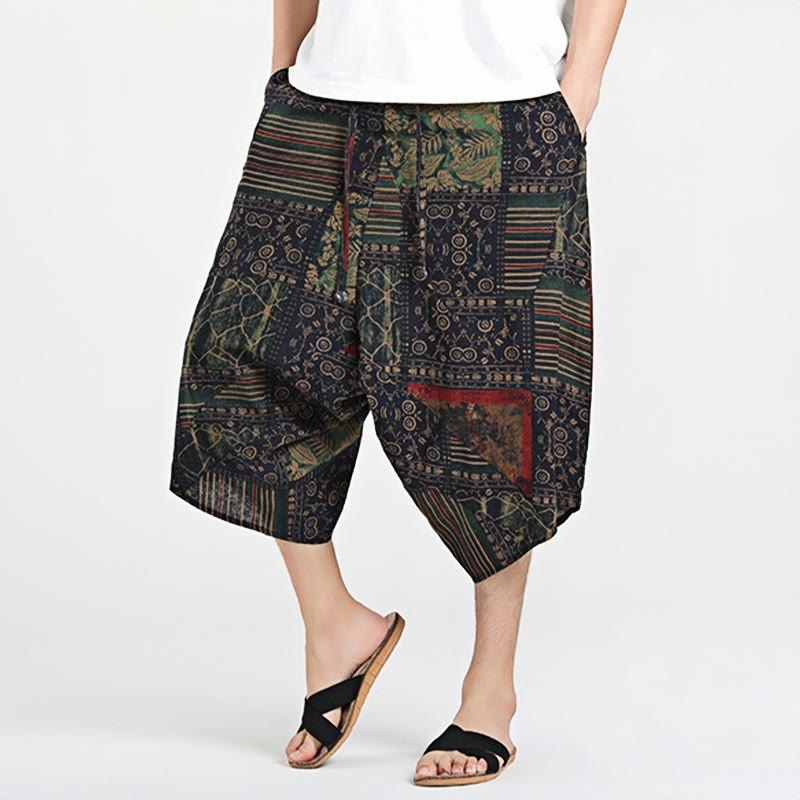 Ethnic Pattern Drawstring 7-8 Length Cotton Men's Harem Pants With Pockets