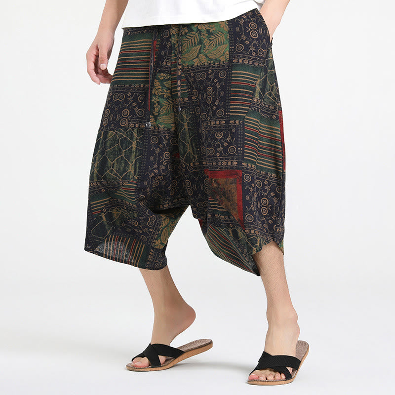 Ethnic Pattern Drawstring 7-8 Length Cotton Men's Harem Pants With Pockets