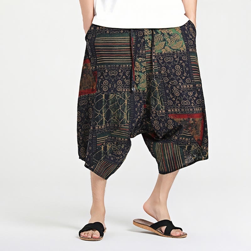 Ethnic Pattern Drawstring 7-8 Length Cotton Men's Harem Pants With Pockets