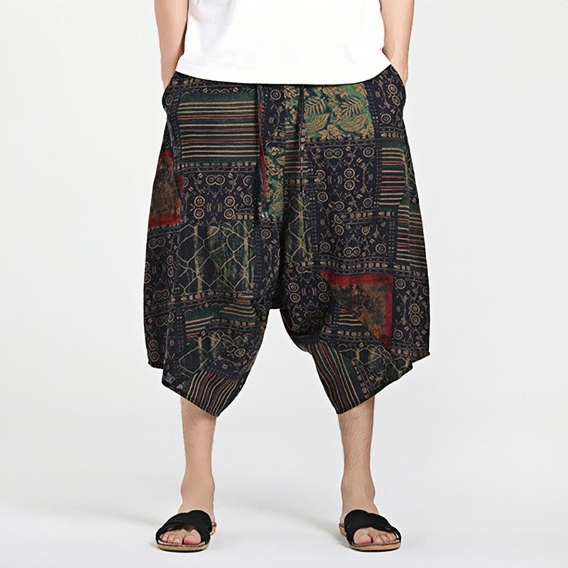 Ethnic Pattern Drawstring 7-8 Length Cotton Men's Harem Pants With Pockets