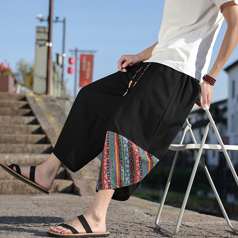 Bohemian Patchwork Pattern Cotton Drawstring Men's Wide Leg Pants With Pockets