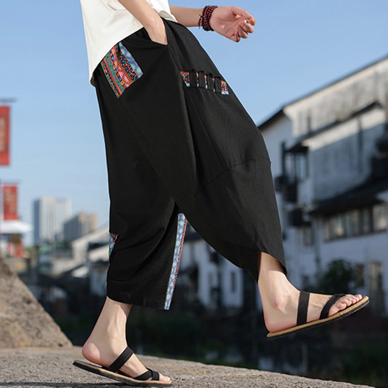 Bohemian Patchwork Pattern Cotton Drawstring Men's Wide Leg Pants With Pockets
