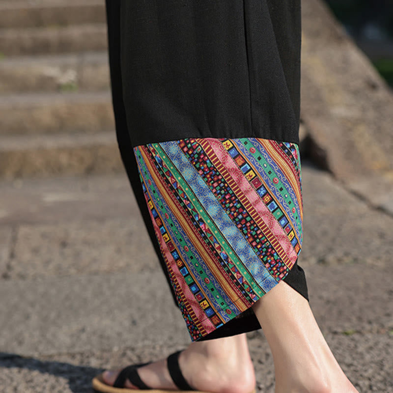 Bohemian Patchwork Pattern Cotton Drawstring Men's Wide Leg Pants With Pockets