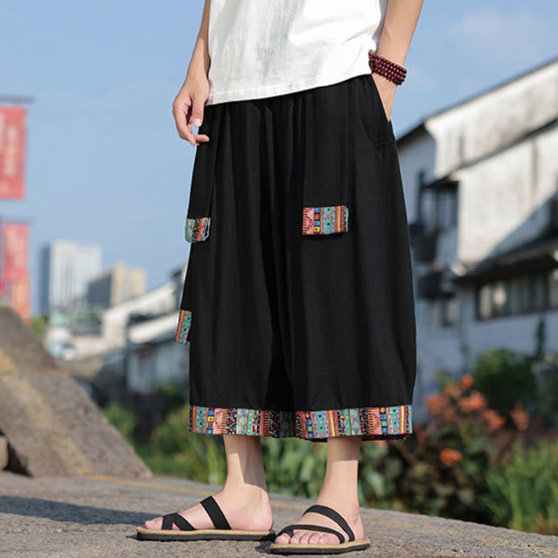 Summer Ethnic 7-8 Length Cropped Cotton Men's Wide Leg Pants With Pockets