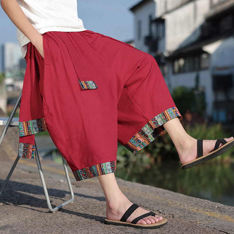 Summer Ethnic 7-8 Length Cropped Cotton Men's Wide Leg Pants With Pockets