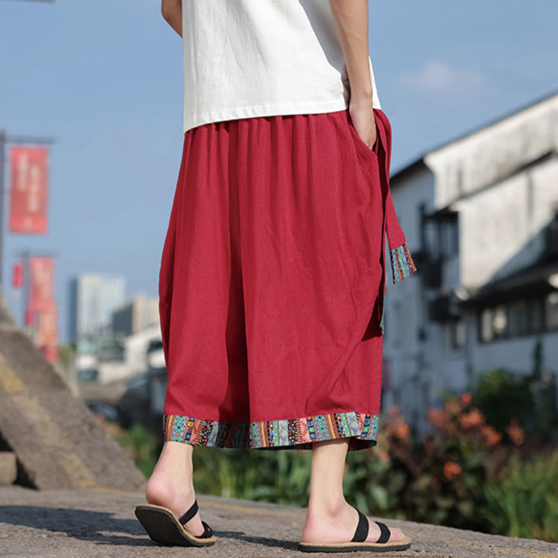 Summer Ethnic 7-8 Length Cropped Cotton Men's Wide Leg Pants With Pockets
