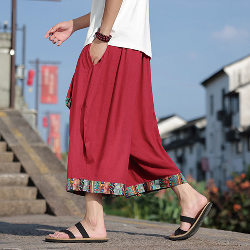Summer Ethnic 7-8 Length Cropped Cotton Men's Wide Leg Pants With Pockets