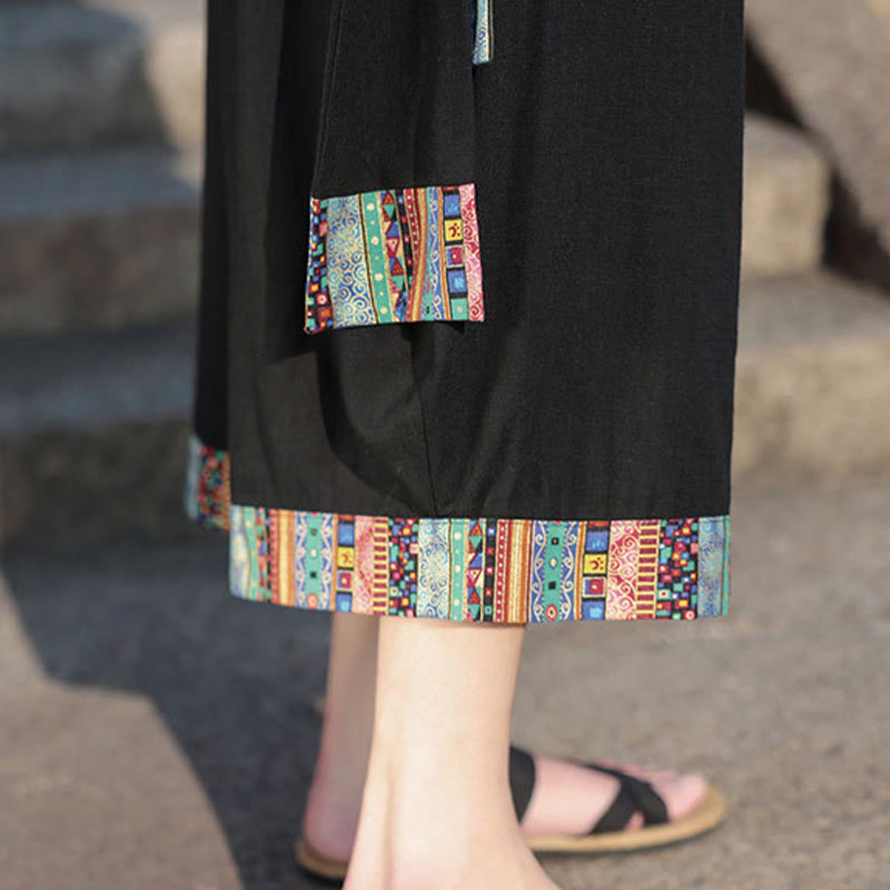 Summer Ethnic 7-8 Length Cropped Cotton Men's Wide Leg Pants With Pockets