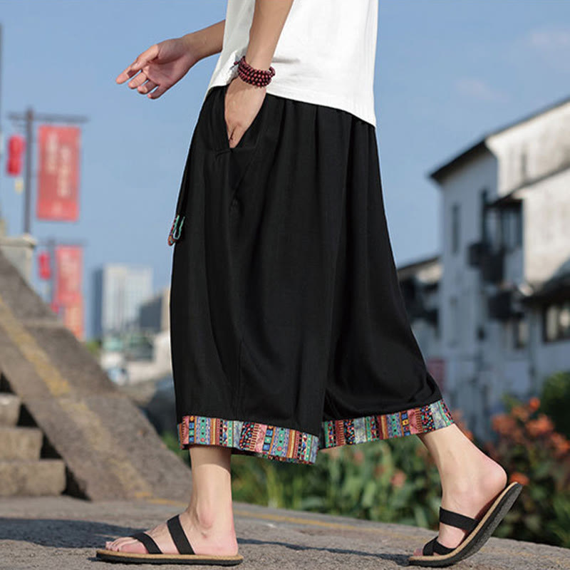 Summer Ethnic 7-8 Length Cropped Cotton Men's Wide Leg Pants With Pockets