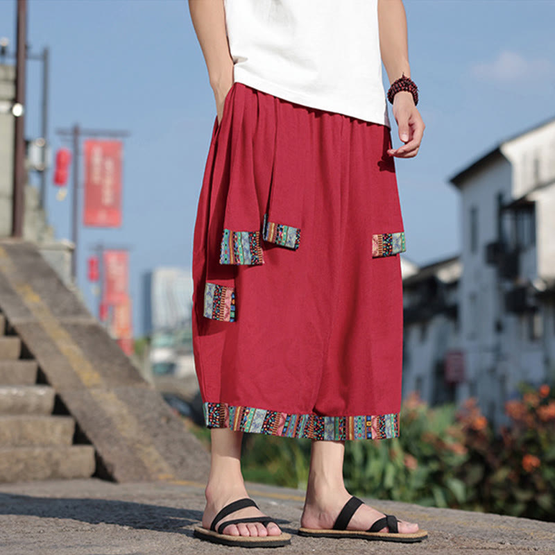 Summer Ethnic 7-8 Length Cropped Cotton Men's Wide Leg Pants With Pockets