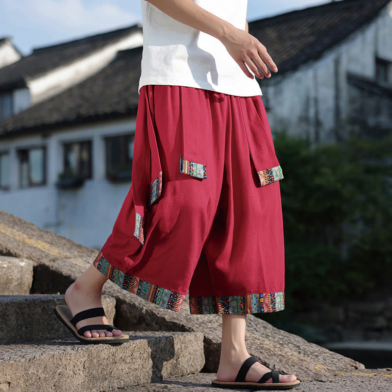 Summer Ethnic 7-8 Length Cropped Cotton Men's Wide Leg Pants With Pockets