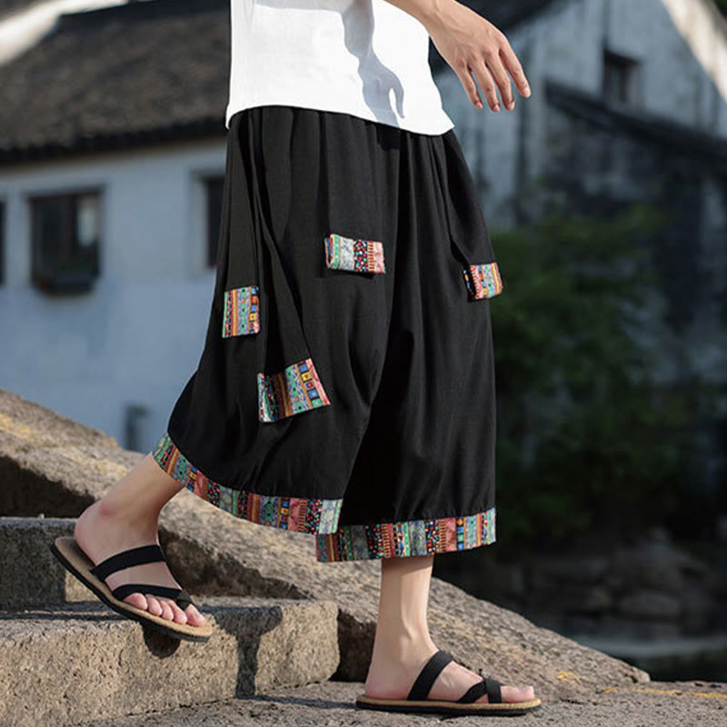 Summer Ethnic 7-8 Length Cropped Cotton Men's Wide Leg Pants With Pockets