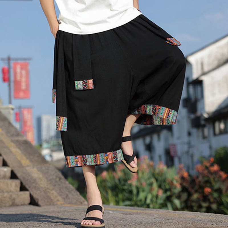 Summer Ethnic 7-8 Length Cropped Cotton Men's Wide Leg Pants With Pockets