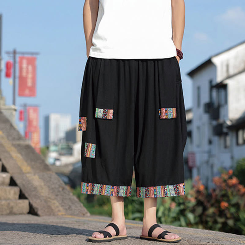 Summer Ethnic 7-8 Length Cropped Cotton Men's Wide Leg Pants With Pockets
