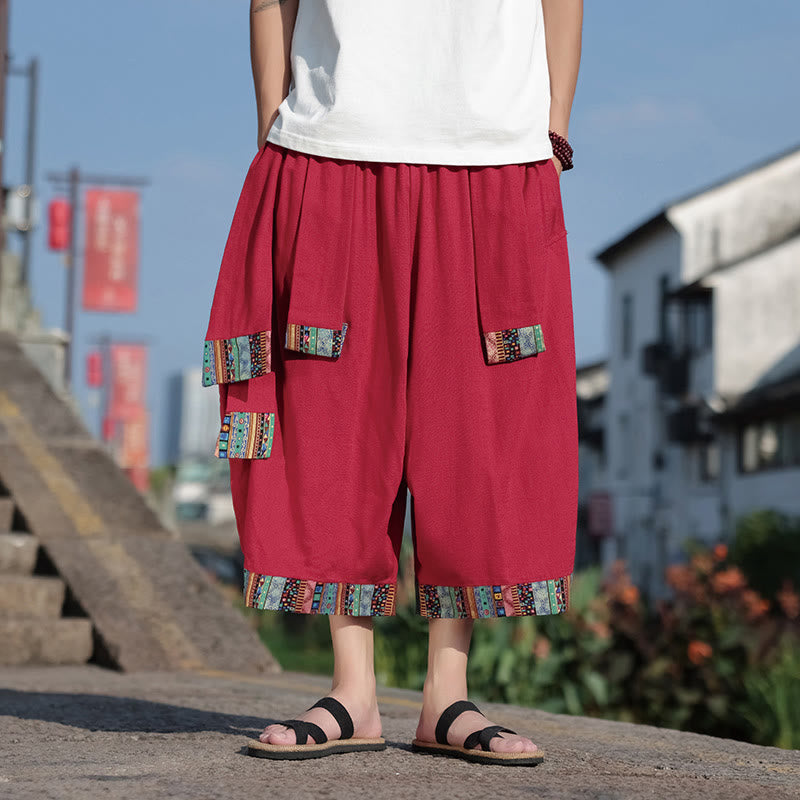 Summer Ethnic 7-8 Length Cropped Cotton Men's Wide Leg Pants With Pockets