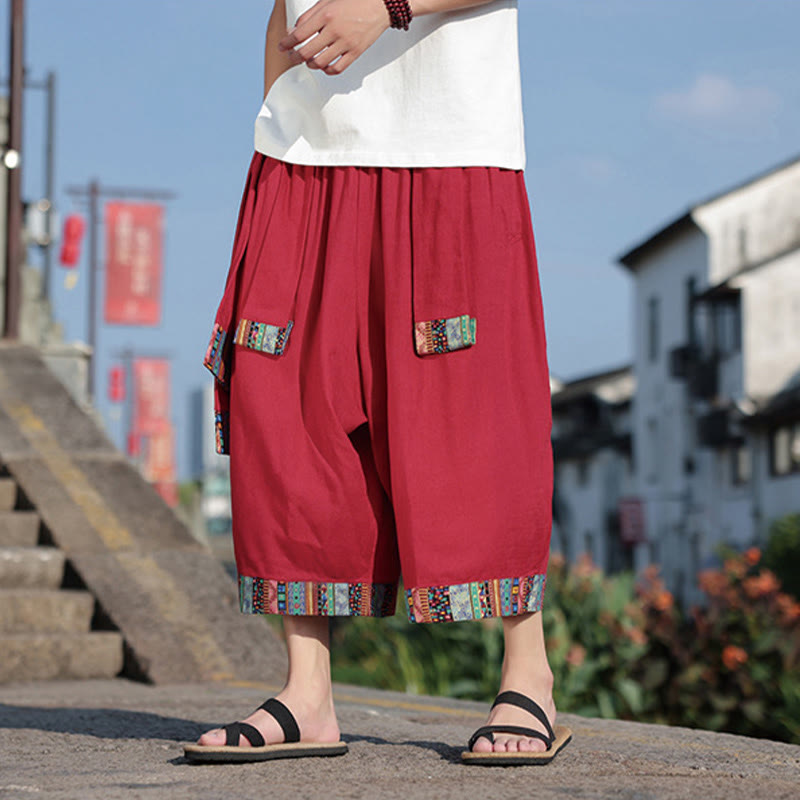 Summer Ethnic 7-8 Length Cropped Cotton Men's Wide Leg Pants With Pockets