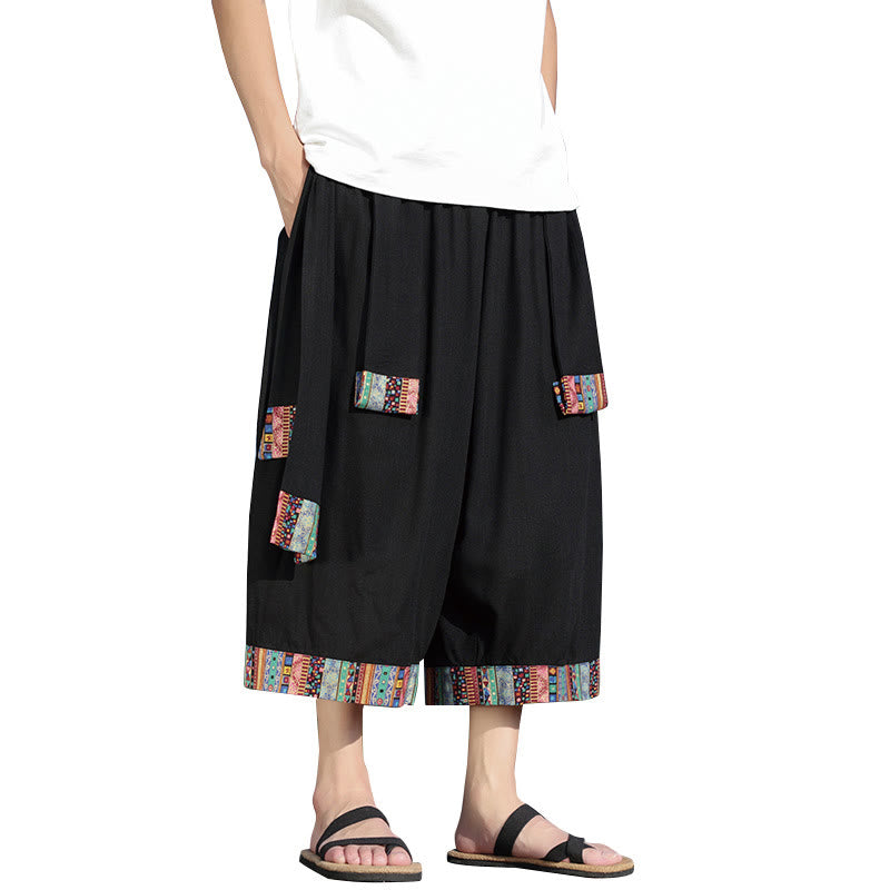 Summer Ethnic 7-8 Length Cropped Cotton Men's Wide Leg Pants With Pockets