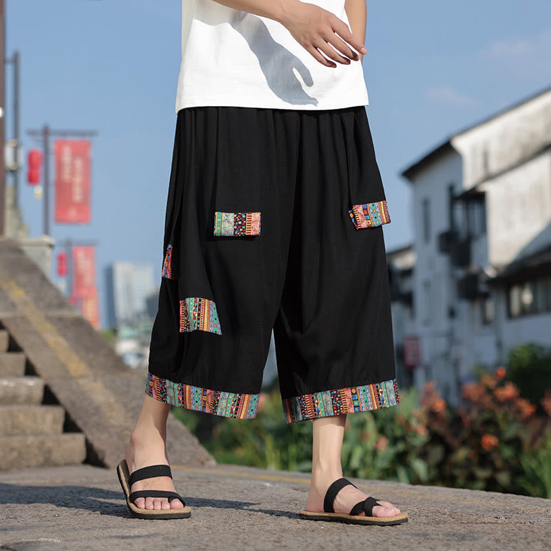 Summer Ethnic 7-8 Length Cropped Cotton Men's Wide Leg Pants With Pockets