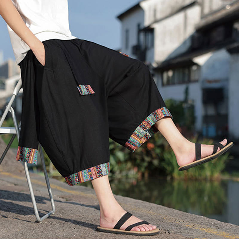 Summer Ethnic 7-8 Length Cropped Cotton Men's Wide Leg Pants With Pockets