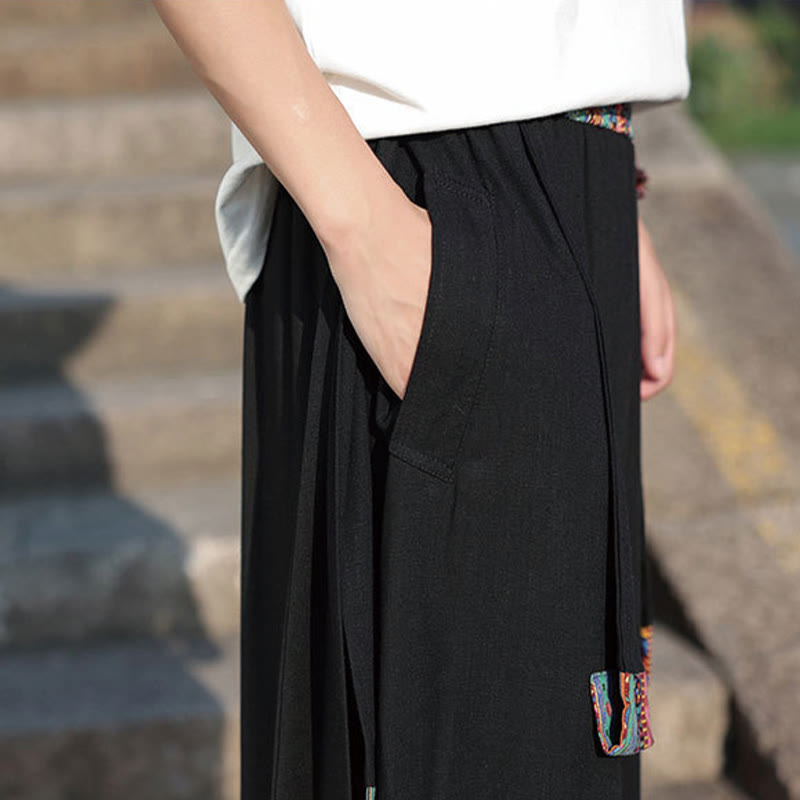 Summer Ethnic 7-8 Length Cropped Cotton Men's Wide Leg Pants With Pockets