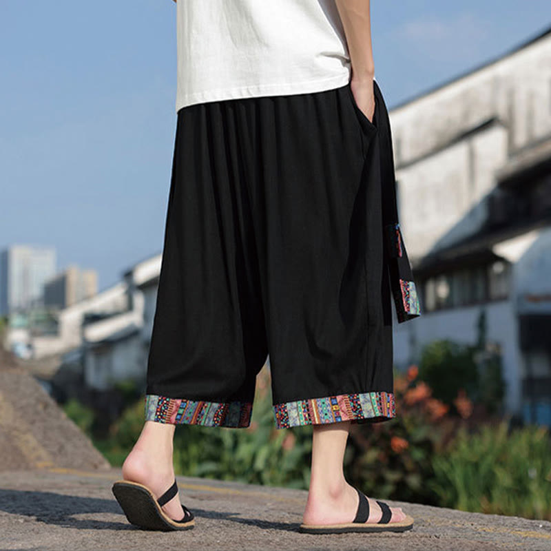Summer Ethnic 7-8 Length Cropped Cotton Men's Wide Leg Pants With Pockets