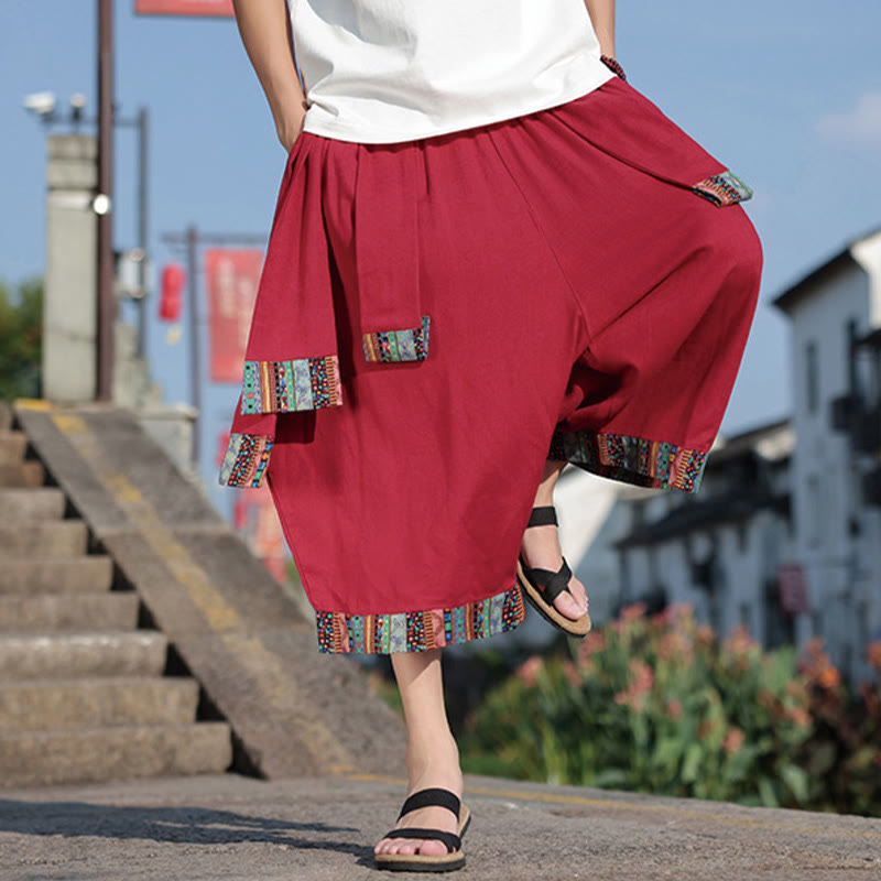 Summer Ethnic 7-8 Length Cropped Cotton Men's Wide Leg Pants With Pockets