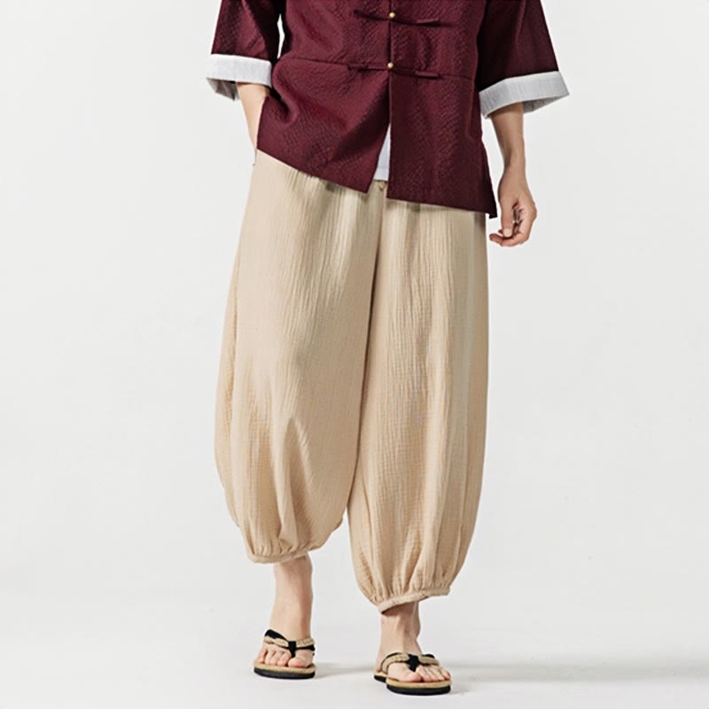 Soft Solid Color Drawstring Cotton Men's Pants With Pockets