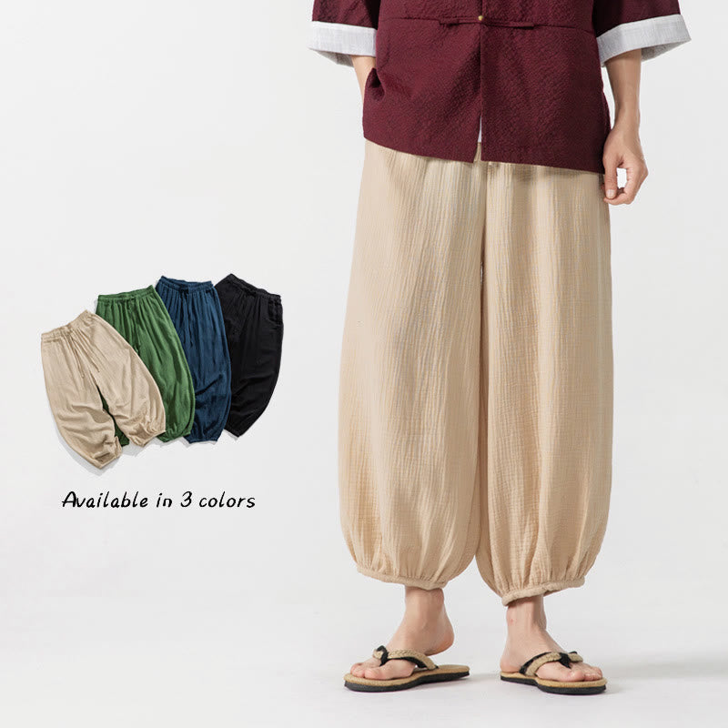 Soft Solid Color Drawstring Cotton Men's Pants With Pockets