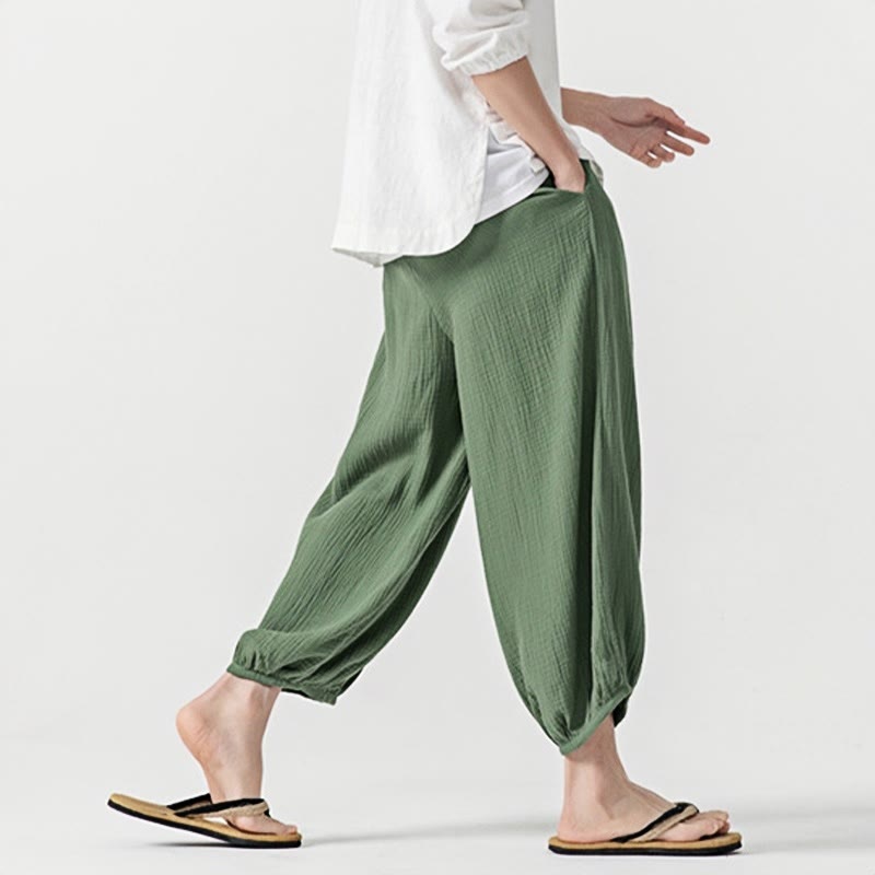 Soft Solid Color Drawstring Cotton Men's Pants With Pockets