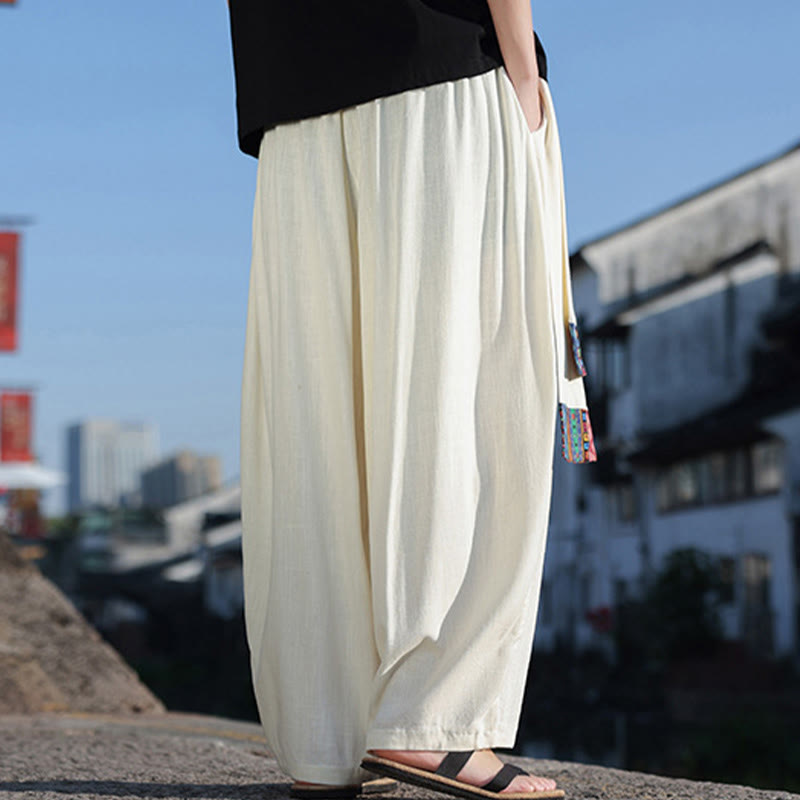 Simple Patchwork Design Drawstring Soft Cotton Men's Wide Leg Pants With Pockets
