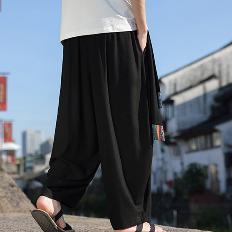 Simple Patchwork Design Drawstring Soft Cotton Men's Wide Leg Pants With Pockets