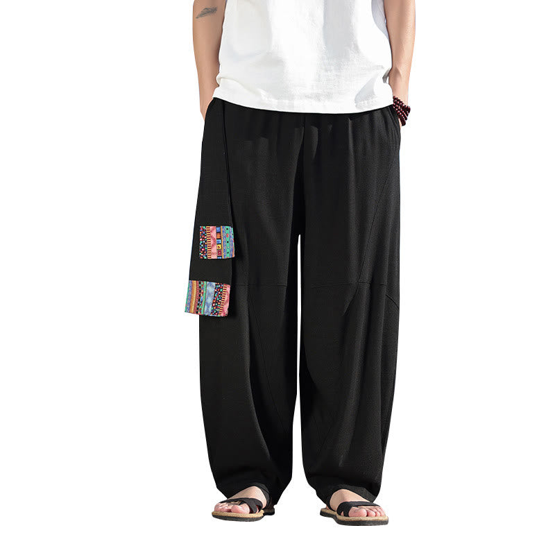 Simple Patchwork Design Drawstring Soft Cotton Men's Wide Leg Pants With Pockets