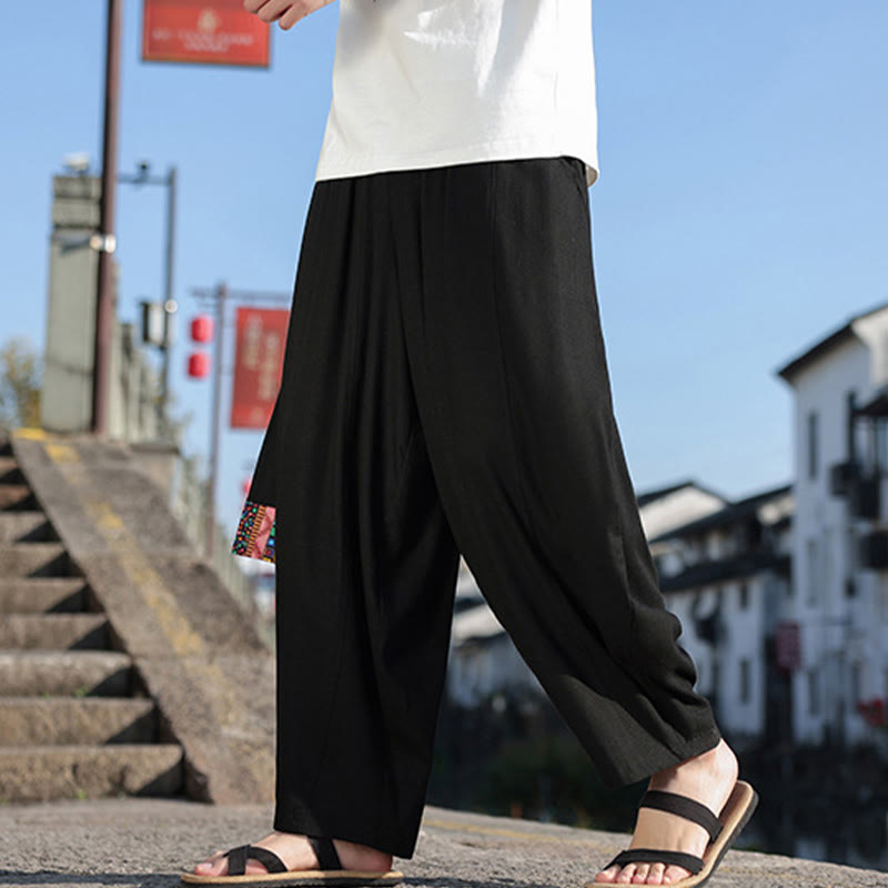 Simple Patchwork Design Drawstring Soft Cotton Men's Wide Leg Pants With Pockets