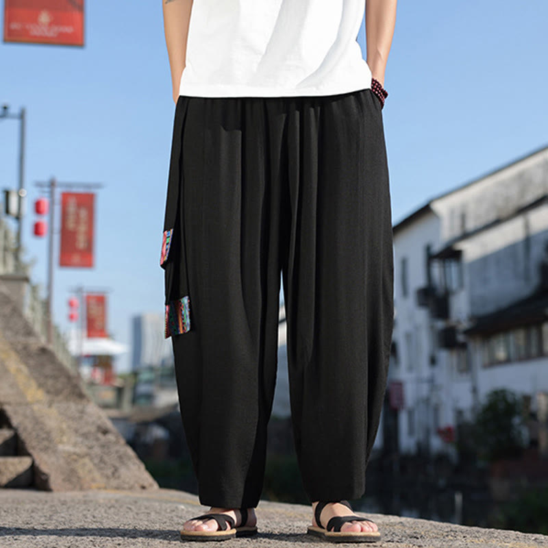 Simple Patchwork Design Drawstring Soft Cotton Men's Wide Leg Pants With Pockets