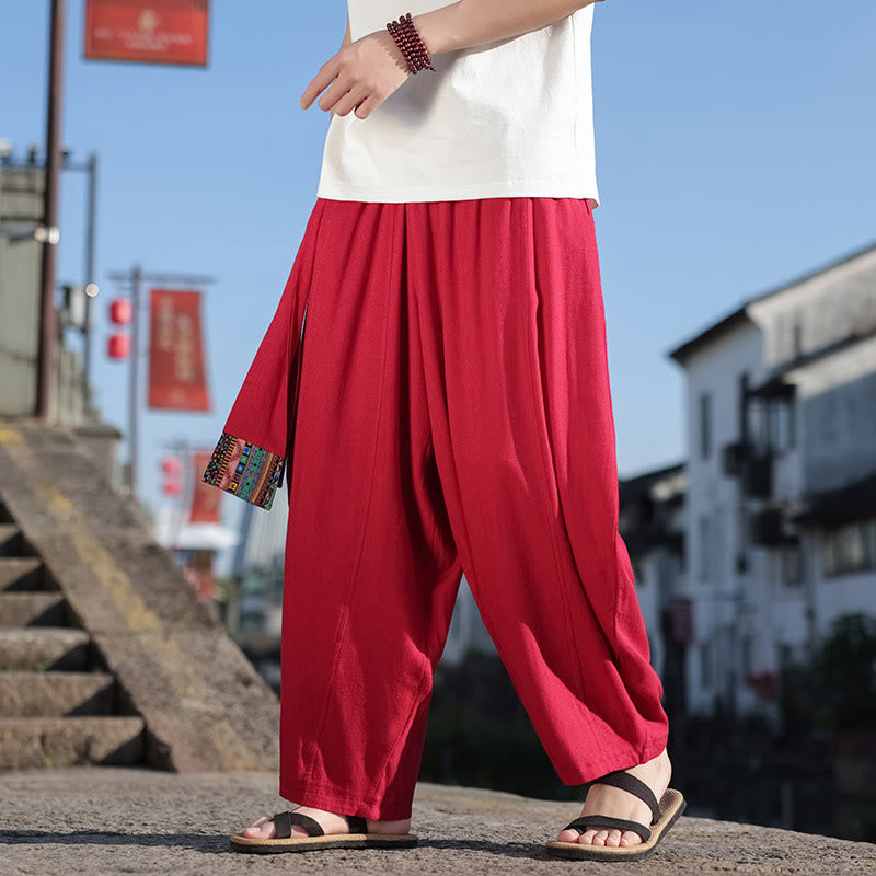Simple Patchwork Design Drawstring Soft Cotton Men's Wide Leg Pants With Pockets