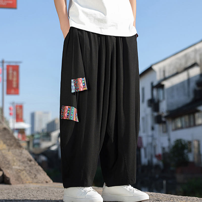 Simple Patchwork Design Drawstring Soft Cotton Men's Wide Leg Pants With Pockets
