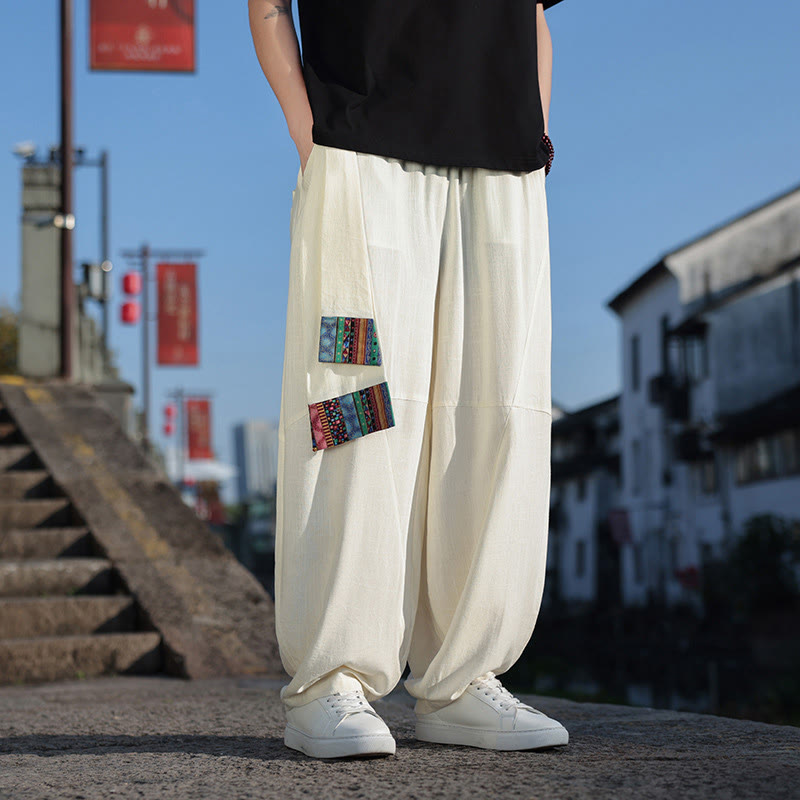 Simple Patchwork Design Drawstring Soft Cotton Men's Wide Leg Pants With Pockets