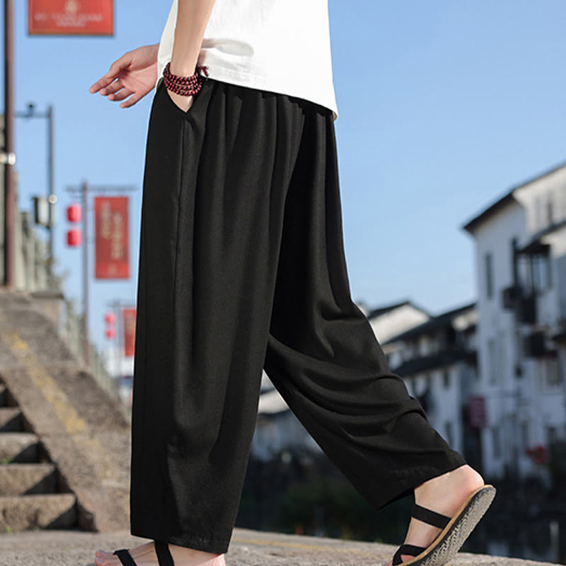 Simple Patchwork Design Drawstring Soft Cotton Men's Wide Leg Pants With Pockets