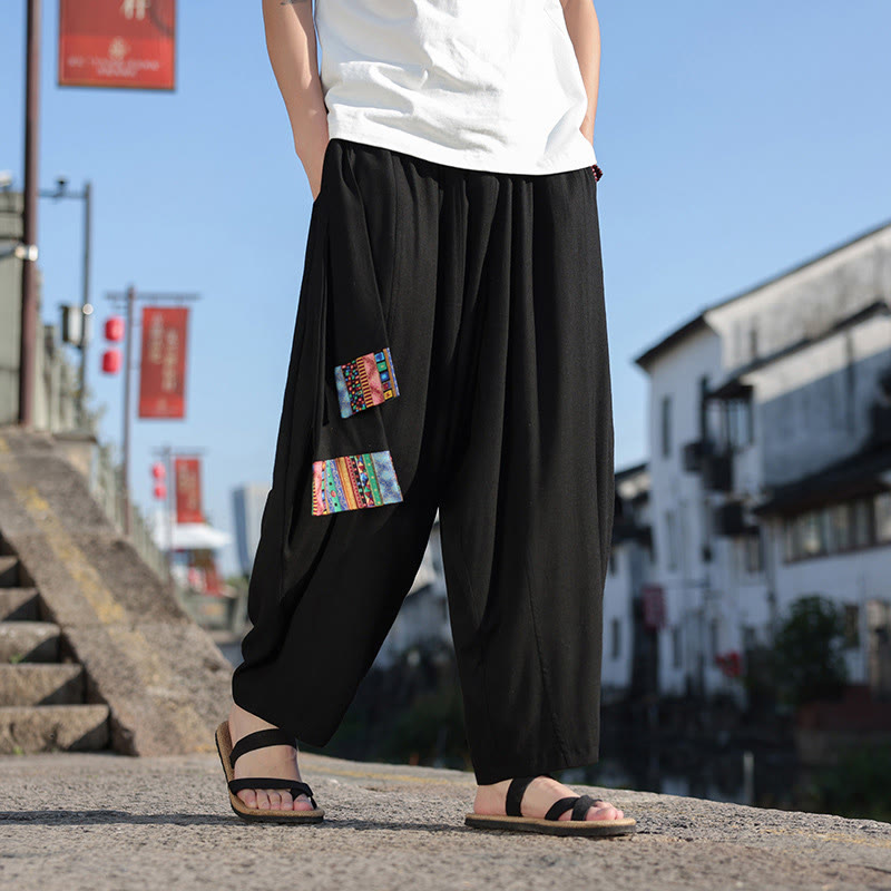 Simple Patchwork Design Drawstring Soft Cotton Men's Wide Leg Pants With Pockets