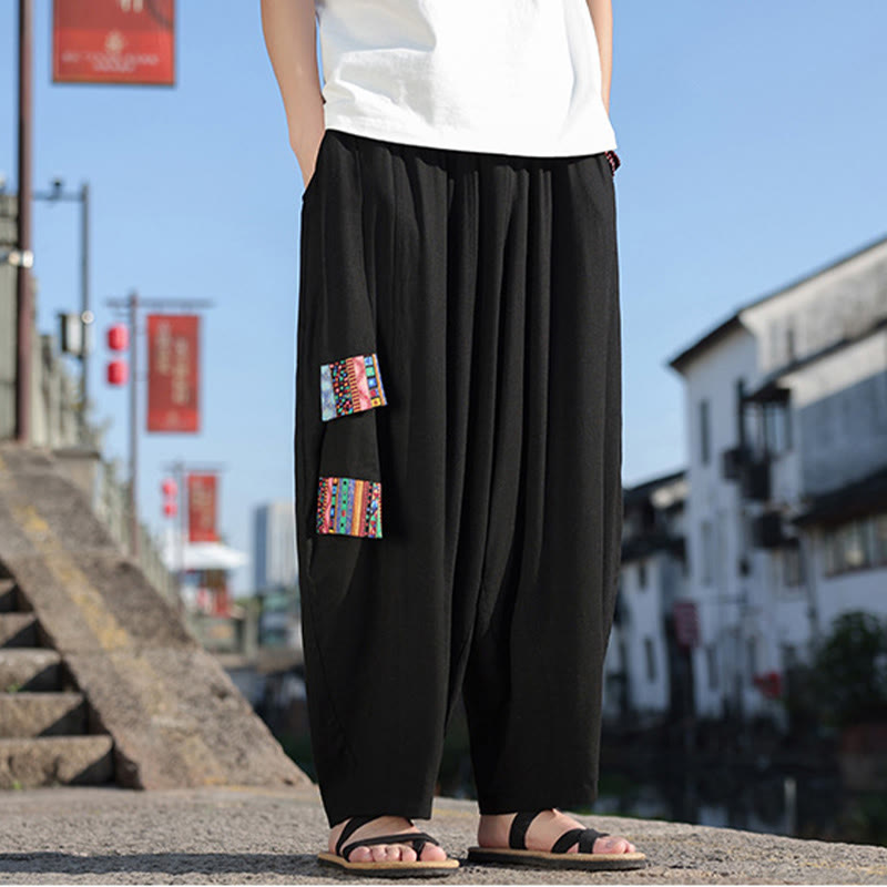 Simple Patchwork Design Drawstring Soft Cotton Men's Wide Leg Pants With Pockets