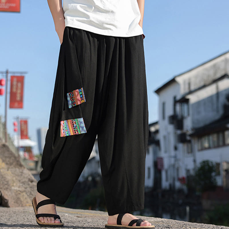 Simple Patchwork Design Drawstring Soft Cotton Men's Wide Leg Pants With Pockets