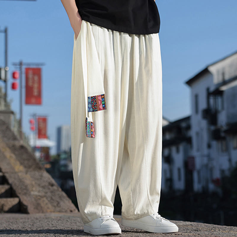 Simple Patchwork Design Drawstring Soft Cotton Men's Wide Leg Pants With Pockets