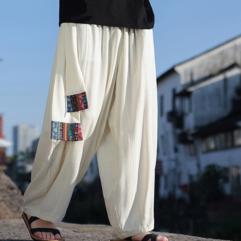 Simple Patchwork Design Drawstring Soft Cotton Men's Wide Leg Pants With Pockets
