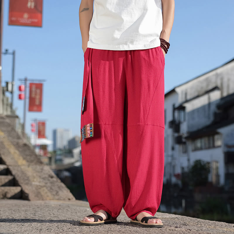 Simple Patchwork Design Drawstring Soft Cotton Men's Wide Leg Pants With Pockets