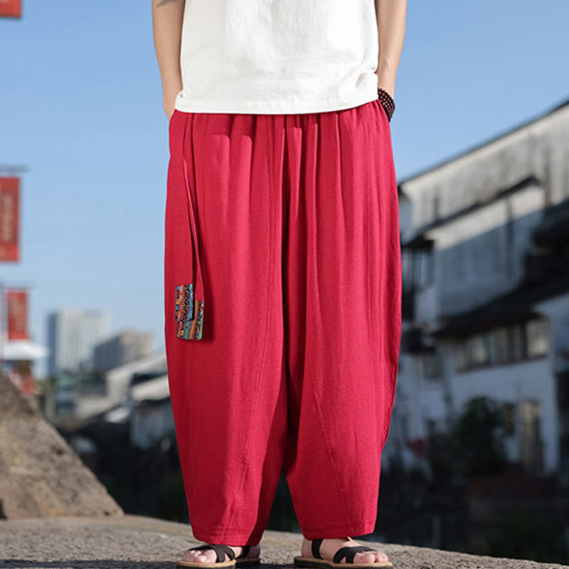 Simple Patchwork Design Drawstring Soft Cotton Men's Wide Leg Pants With Pockets