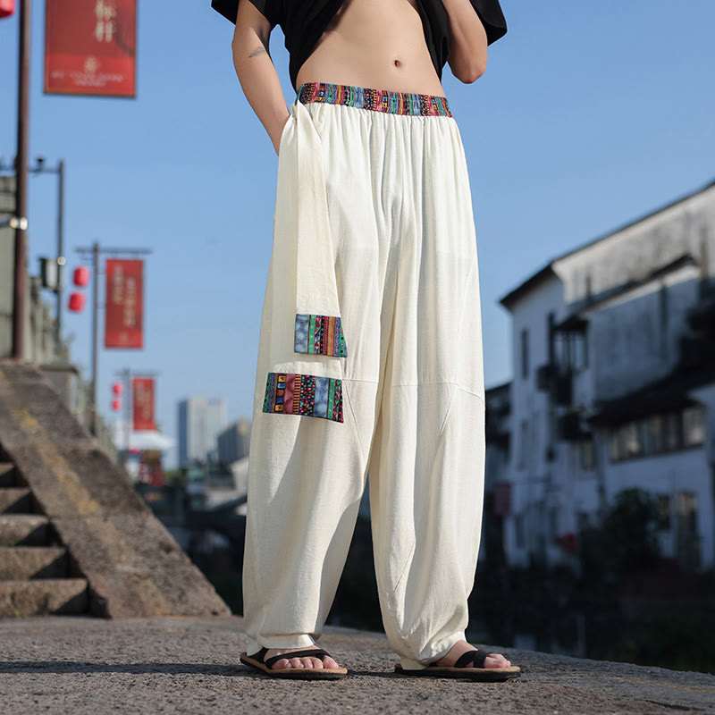 Simple Patchwork Design Drawstring Soft Cotton Men's Wide Leg Pants With Pockets